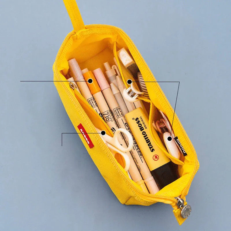 Canvas pencil case with double zipper in Oxford cloth material showing colour options