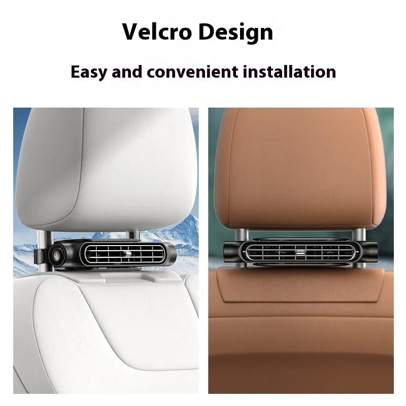 Beige bladeless USB car fan with Velcro mount attached to a car headrest