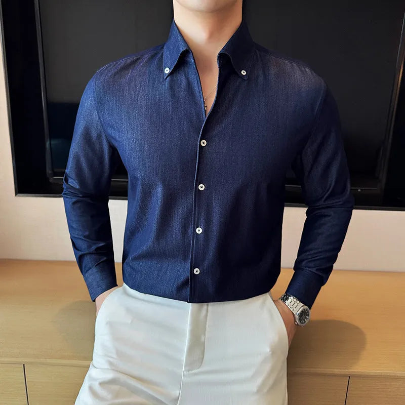 Men's slim fit long-sleeved denim shirt in solid colour for business and leisure wear