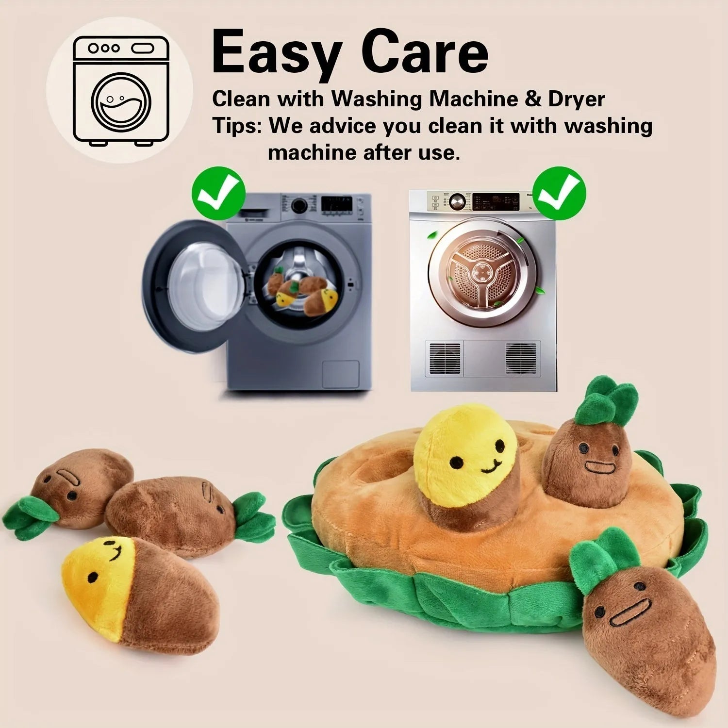 Yellow interactive dog puzzle toys with sniffing pads, feeding pads, and removable squeaky plush toys