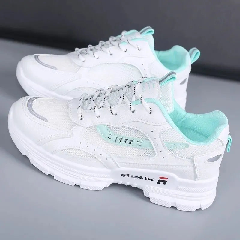Women's dad shoes summer breathable mesh thin board shoes in white with super high heel over 8cm and rubber sole