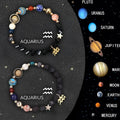 Two natural stone beaded bracelets showing zodiac symbol designs for astrology jewellery set