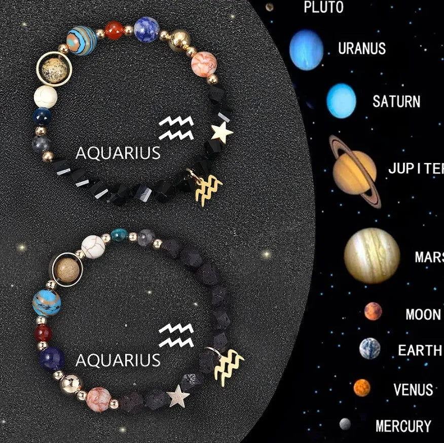 Two natural stone beaded bracelets showing zodiac symbol designs for astrology jewellery set