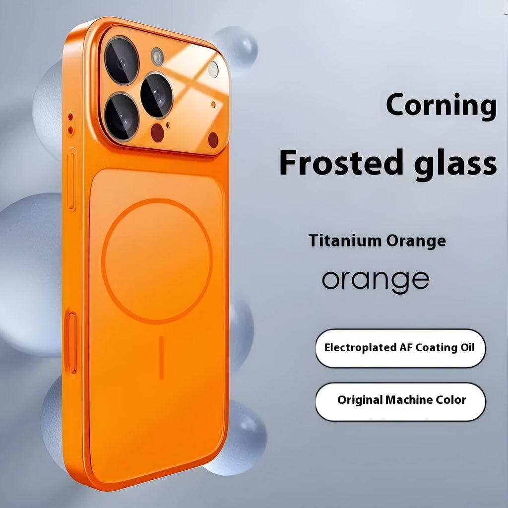 Frosted finish magnetic phone case for iPhone in orange colour showing tempered glass construction.