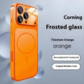 Frosted finish magnetic phone case for iPhone in orange colour showing tempered glass construction.