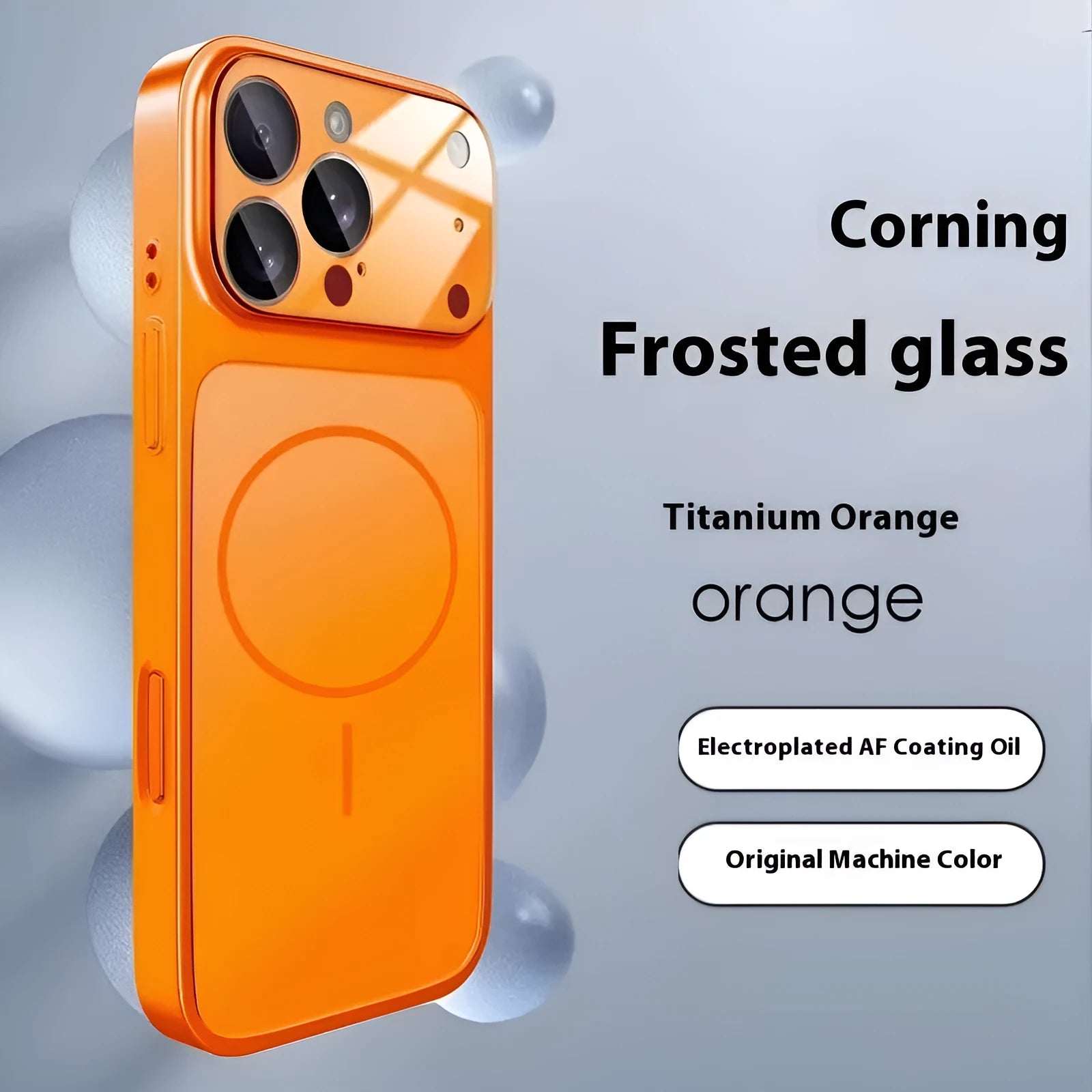 Frosted finish magnetic phone case for iPhone in orange colour showing tempered glass construction.