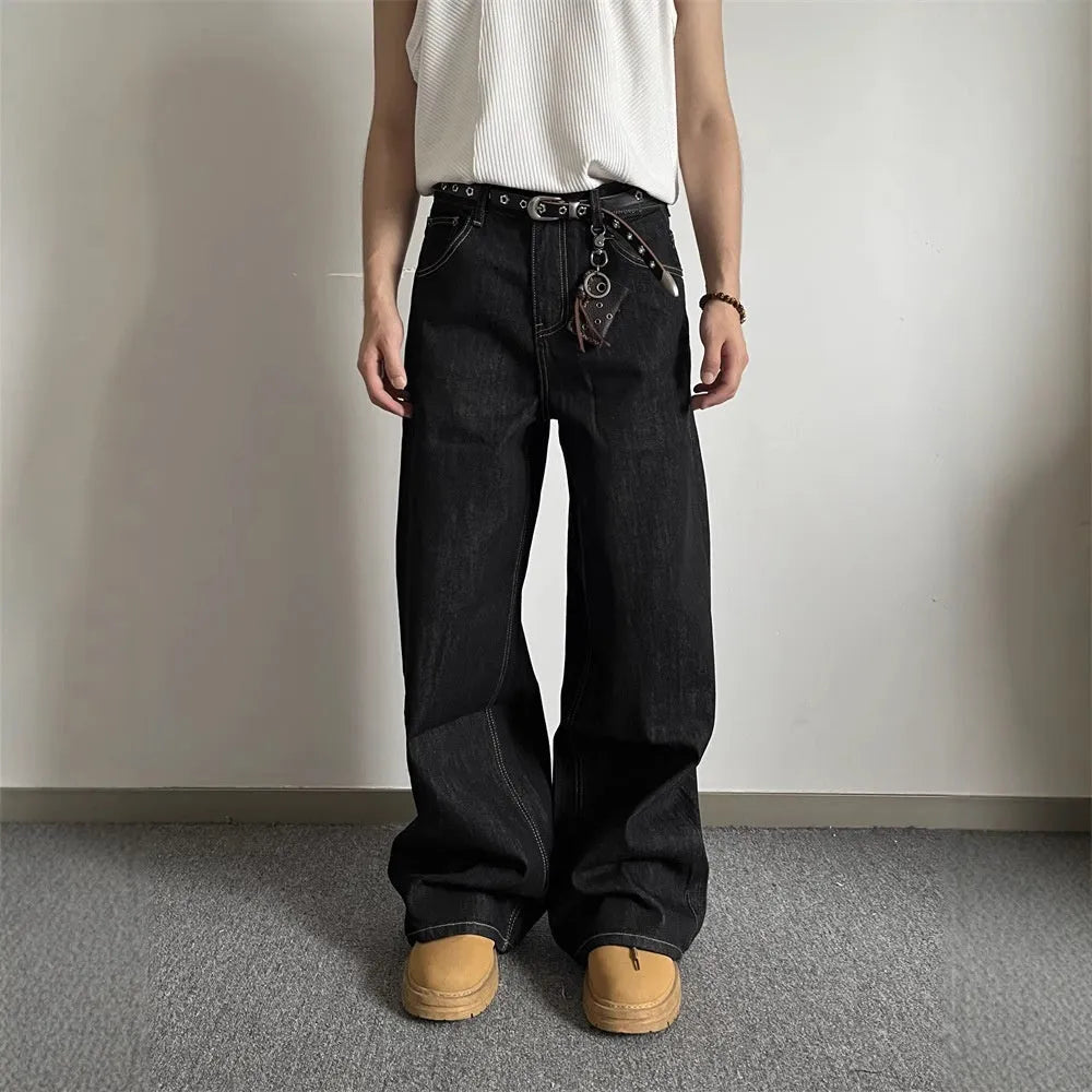 Black loose wide-leg retro jeans with a straight-leg cut and zip fly.