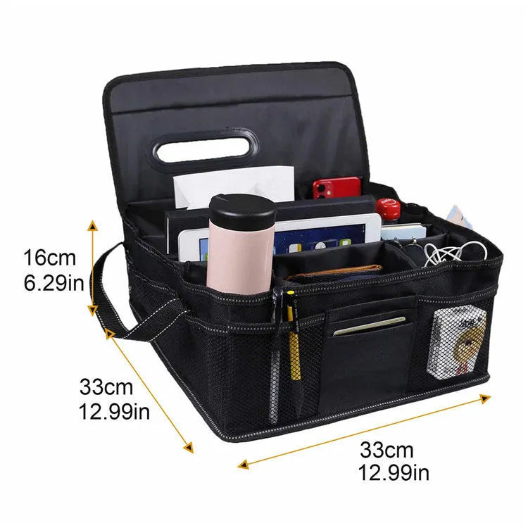 Black collapsible Oxford cloth car boot storage box showing dimensions