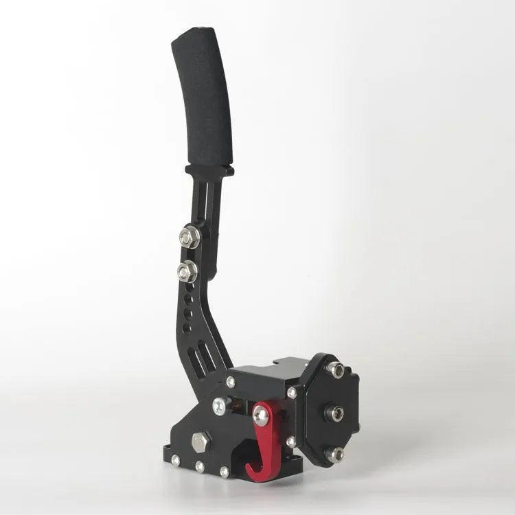 Linear sim racing handbrake accessory in red, compatible with Logitech and Thrustmaster steering wheels.