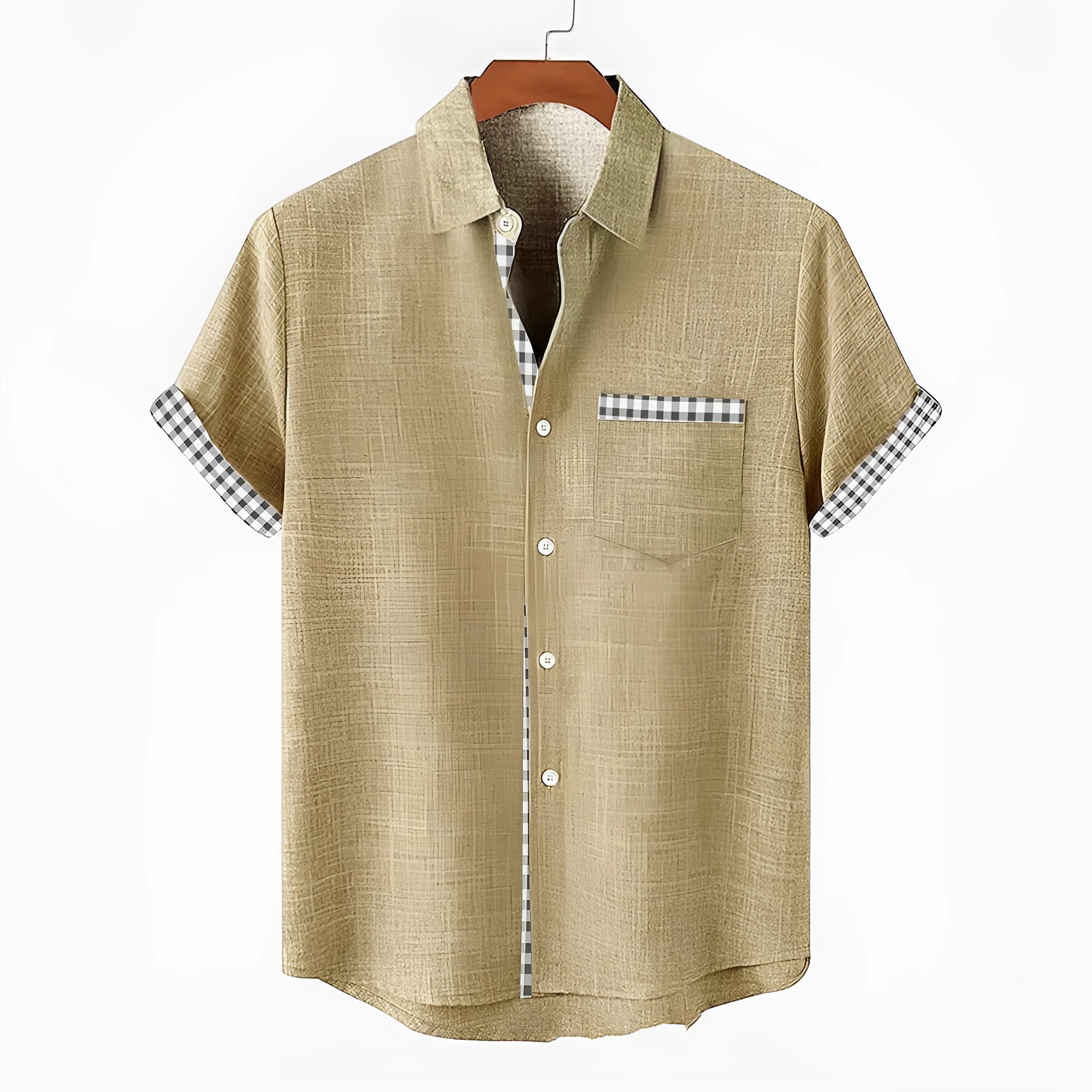 Loose fit linen short-sleeved casual shirt with an ocean fish pattern on the lapel.