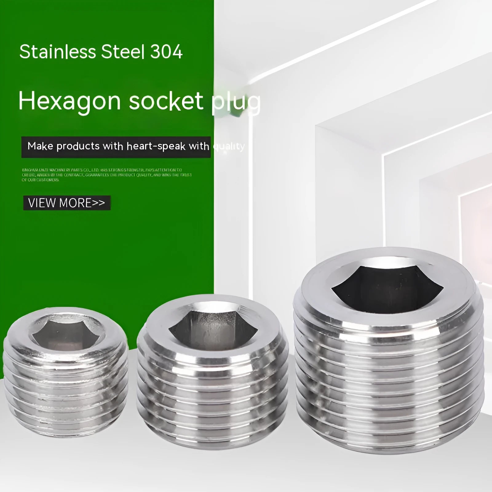 Stainless steel hexagon plug for 3/8 inch threaded pipe, showing hexagonal head.