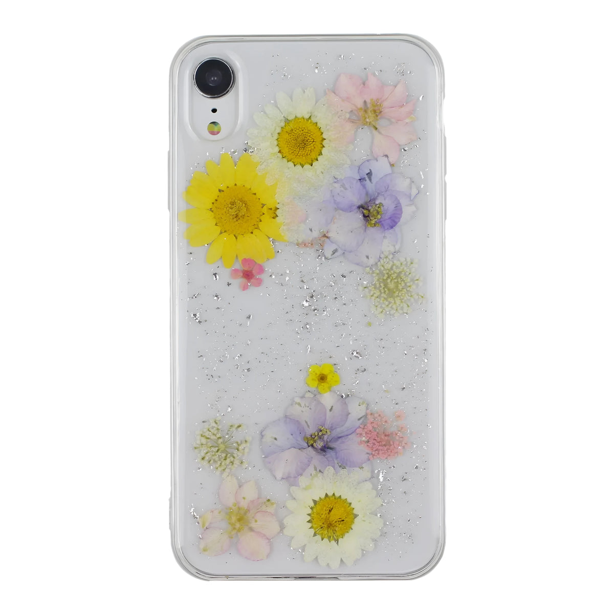 Blu-ray butterfly flower tempered glass phone case for iPhone XR, back view with decorative print