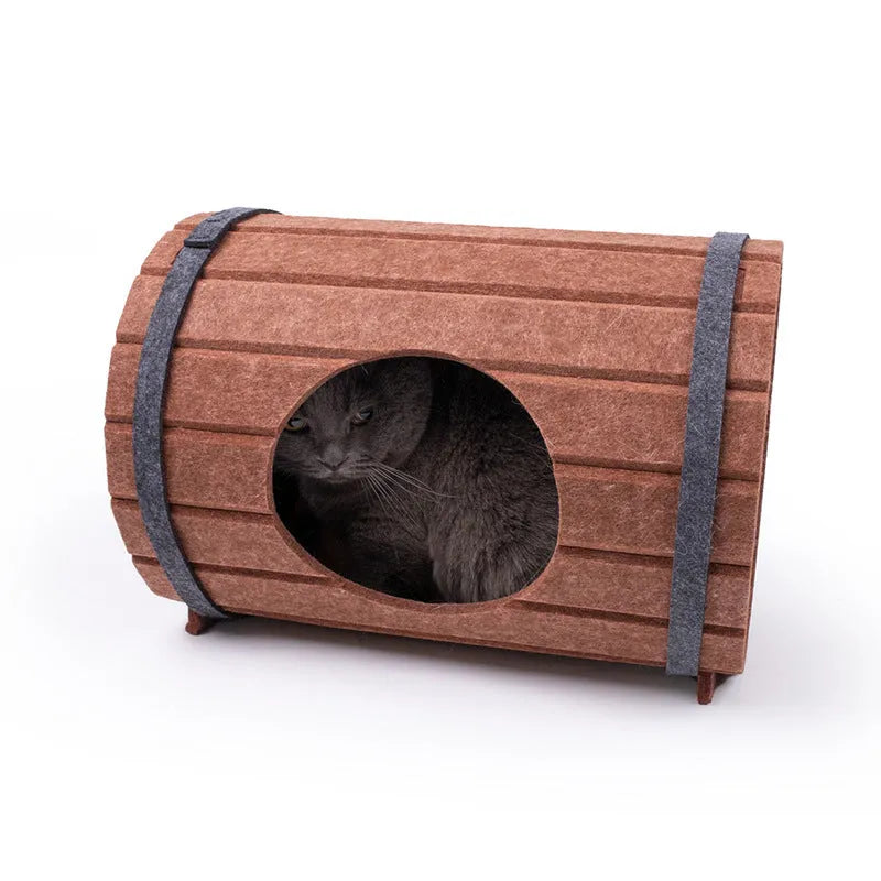 Wine barrel shaped cat bed assembled from three felt pieces with polyester fibre filling