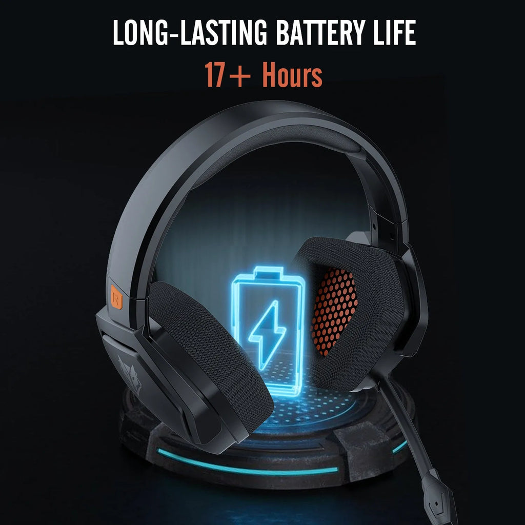 Black orange wireless gaming headset with head-mounted design and dual USB/Bluetooth connectivity