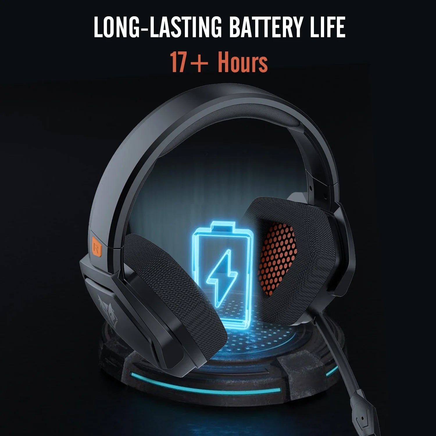 Black orange wireless gaming headset with head-mounted design and dual USB/Bluetooth connectivity