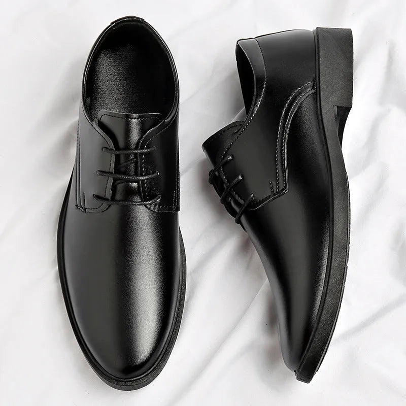 Men's black soft leather low-top round toe casual formal shoes with PU upper and PVC sole