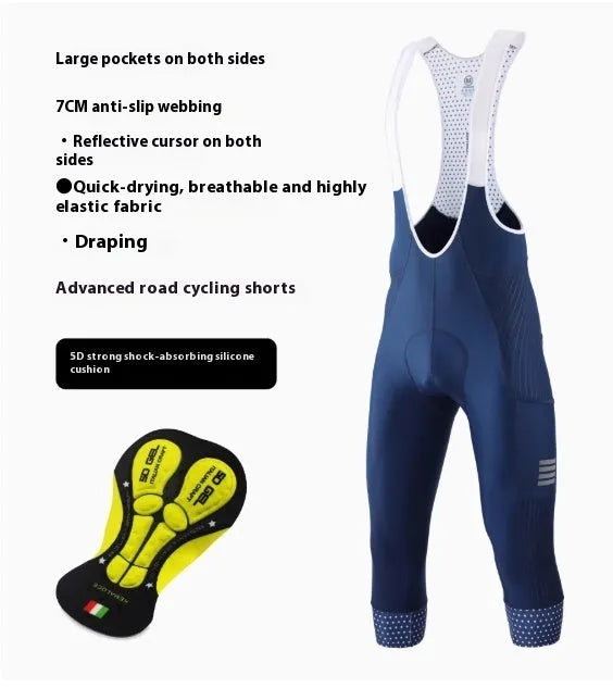 Black seven-inch cycling shorts with a shock-absorbing cushion, compression fit, and side pockets.