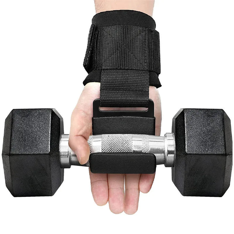 Black fitness grip hook wrist band pair for pull-up assistance and horizontal bar workouts