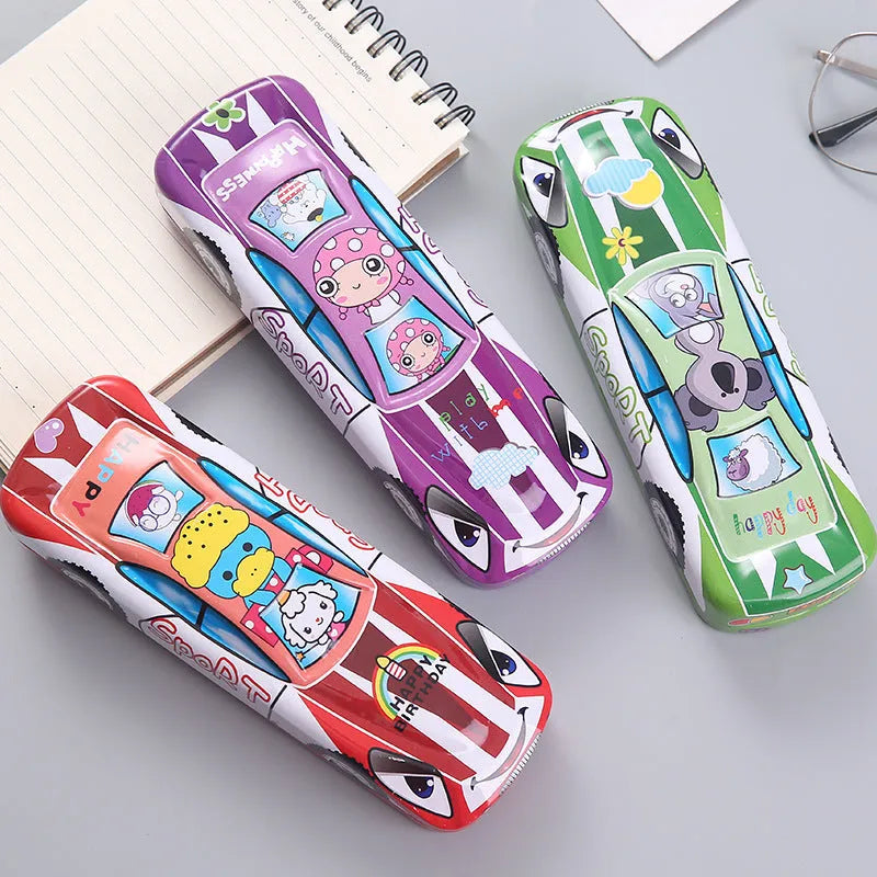 Tinplate double-layer stationery box shaped like a trolley car with a cartoon pattern