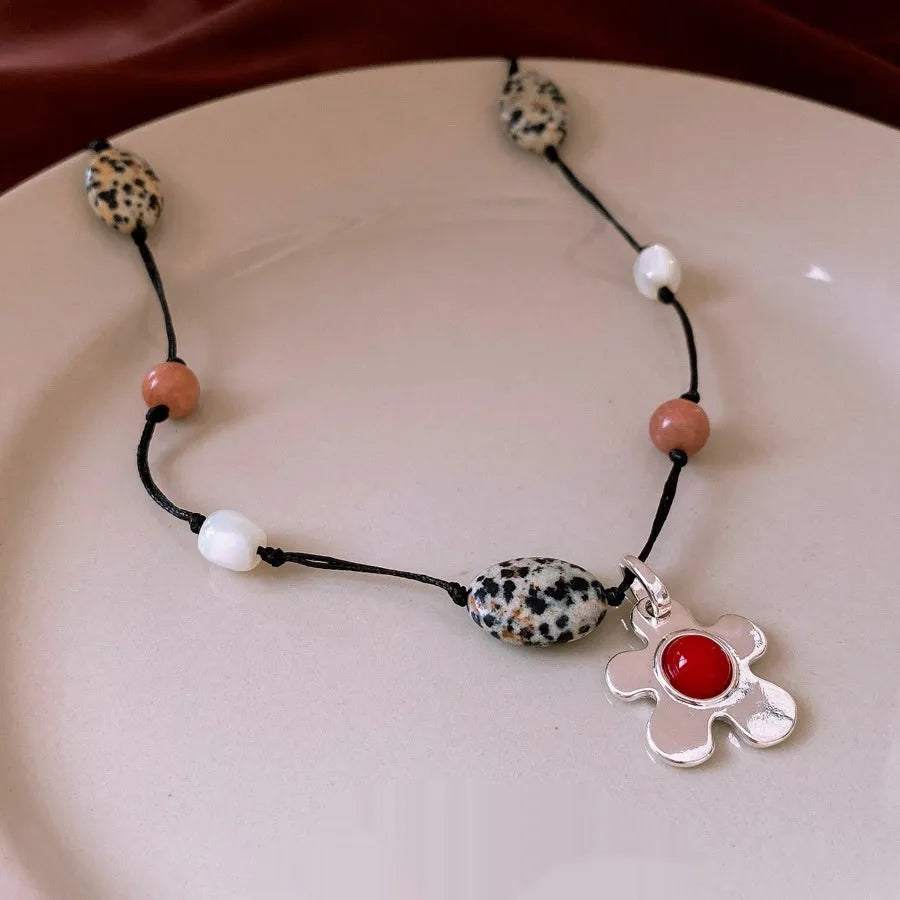 Stone shell beaded flower pendant necklace on adjustable chain with ethnic style design