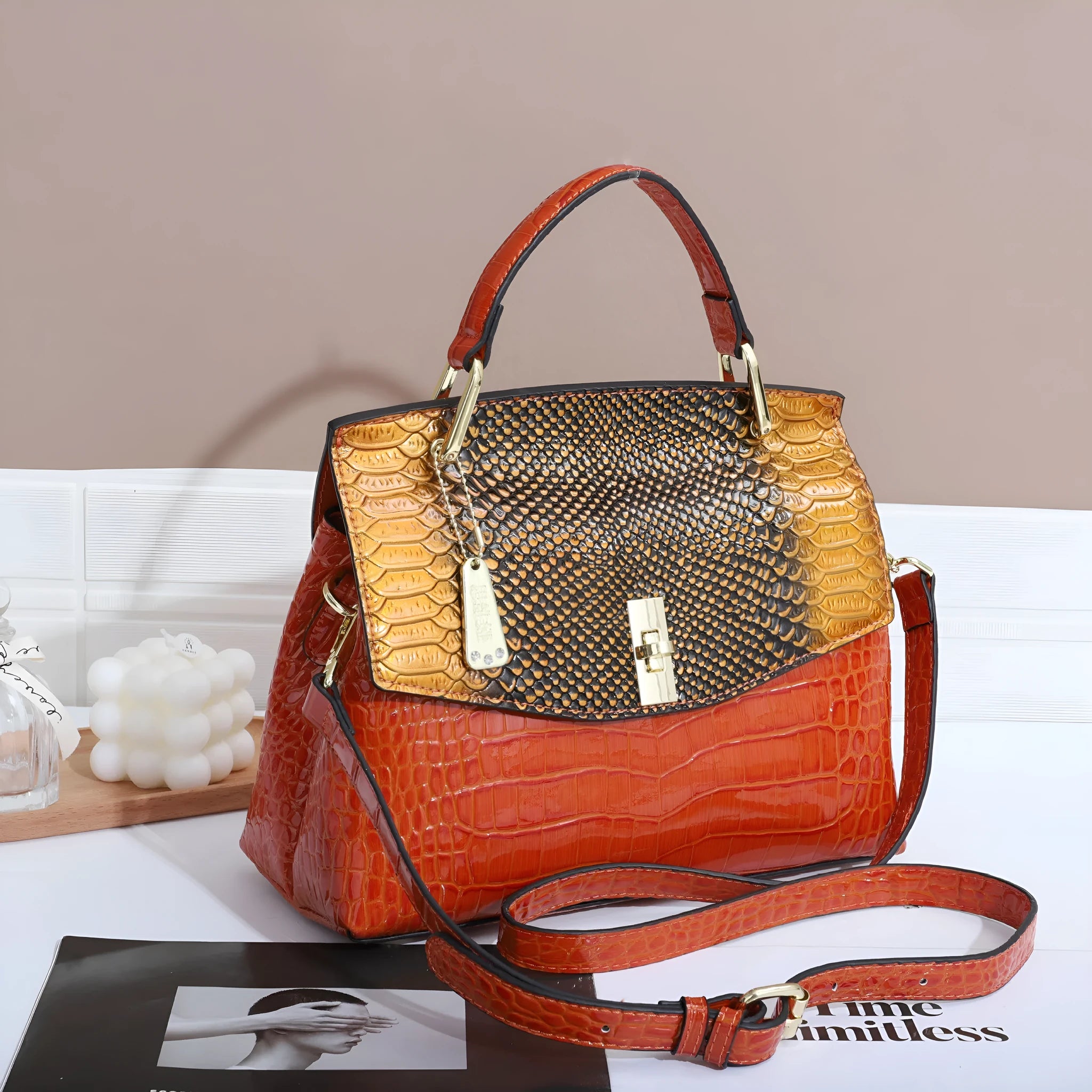 Women's snake pattern crossbody bag in colourful PU leather with retro styling and interior compartments