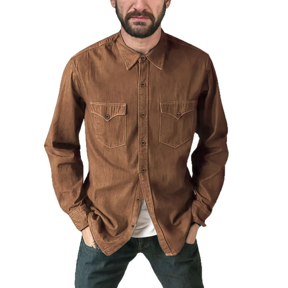 Men's cotton denim cardigan coat in khaki colour on a hanger.