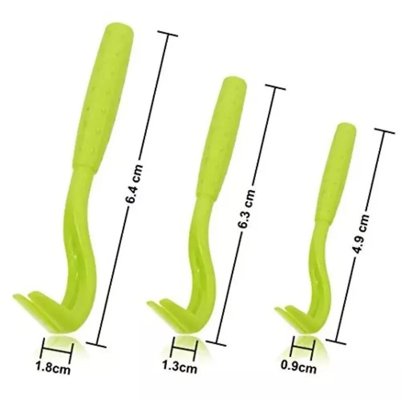 Three blue plastic tick removal hook clips for dogs and cats on a white background.