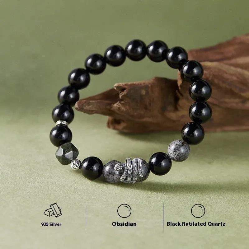 Men's black retro snake bracelet with obsidian crystal on S925 sterling silver band