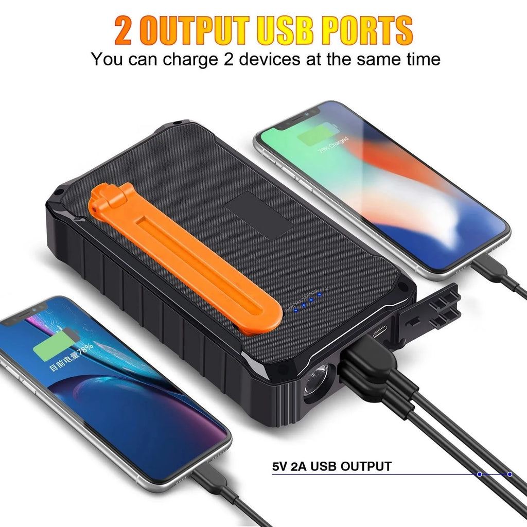 Orange and green hand solar mobile power bank with solar panel and hand crank showing dual USB ports