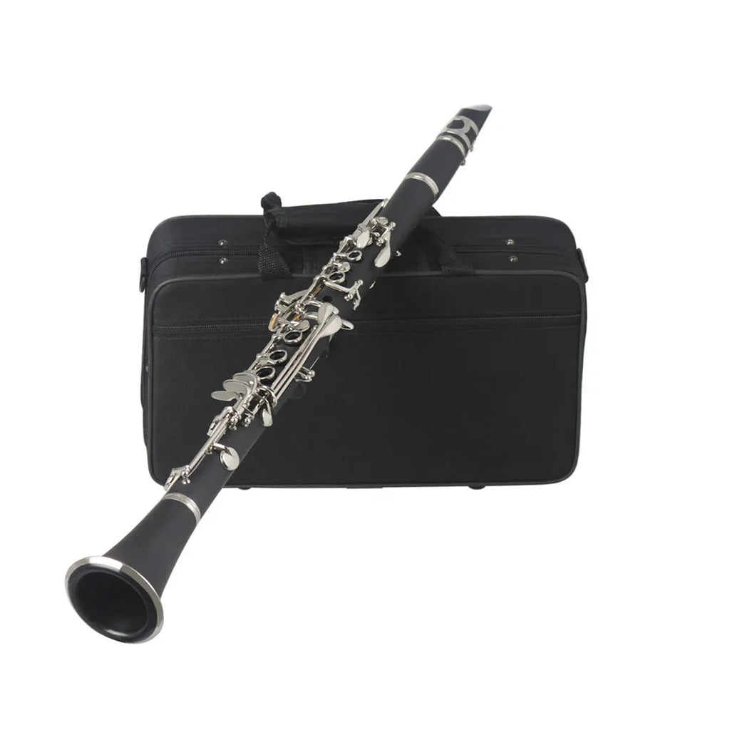 Black bakelite clarinet with nickel keys next to its protective carry bag.