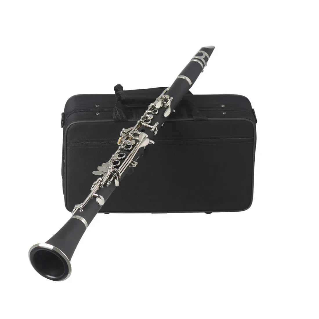 Black bakelite clarinet with nickel keys next to its protective carry bag.