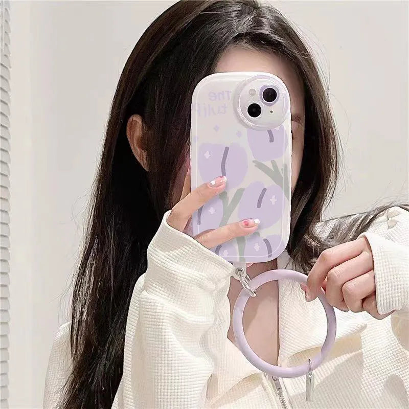 Purple tulip transparent phone case with heart lens design and matching bracelet for iPhone