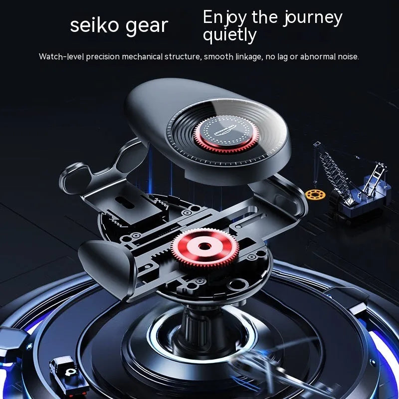 Black car air vent phone bracket with adjustable clamp arms mounted on vehicle ventilation system