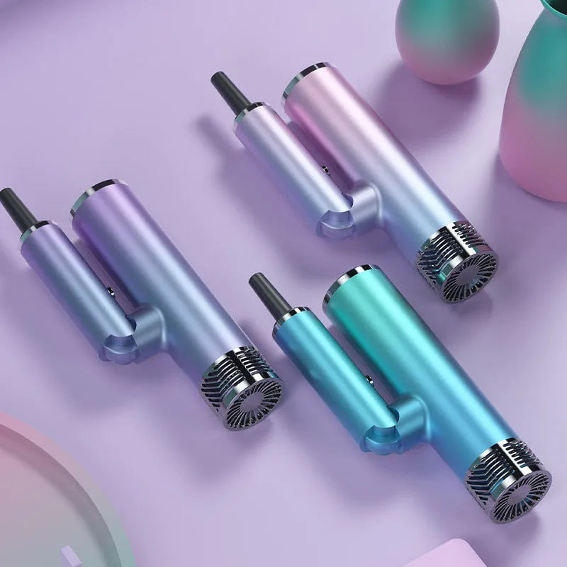 Compact foldable hair dryer in green or purple colour, shown in folded and unfolded positions.