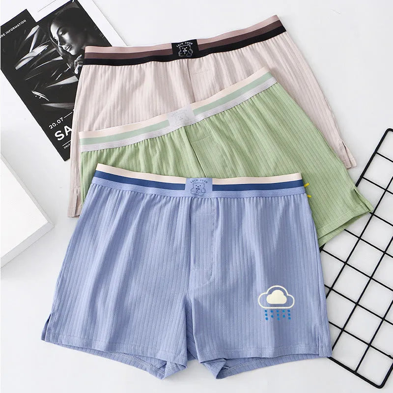 Men's cotton breathable loose boxers with animal pattern in beige and blue, mid-waist design, sizes M to XXL