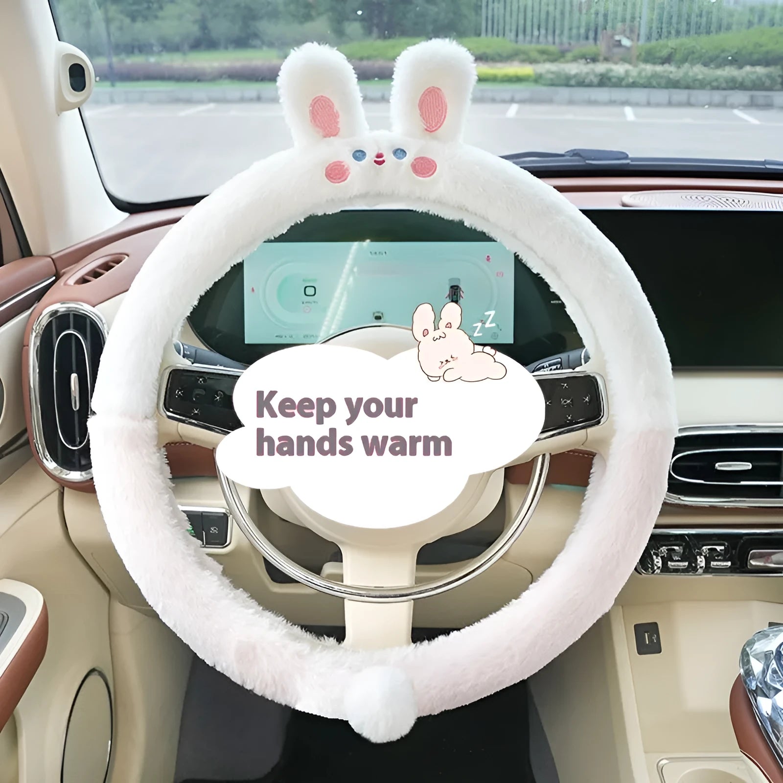 Plush cartoon animal steering wheel cover with embroidery, shown fitted on a car wheel.