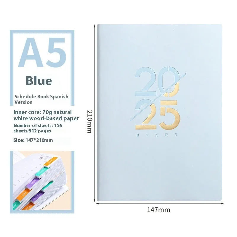 2025 A5 daily schedule book with soft faux leather cover, open to show weekly planner layout.