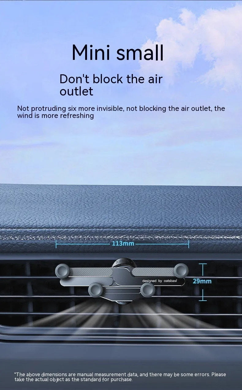 Silver aluminium alloy car phone holder with snap-on bracket mounted on a car air vent