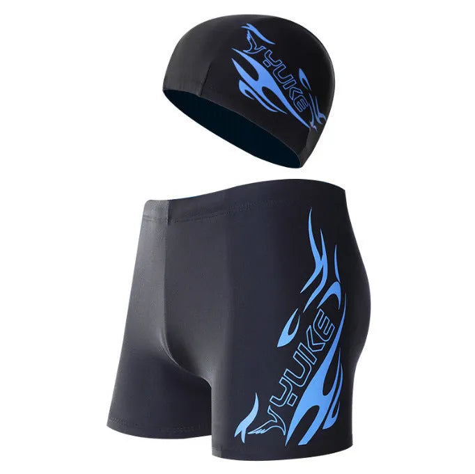 Men's plus size boxer swimming trunks with blue fire pattern on black background.