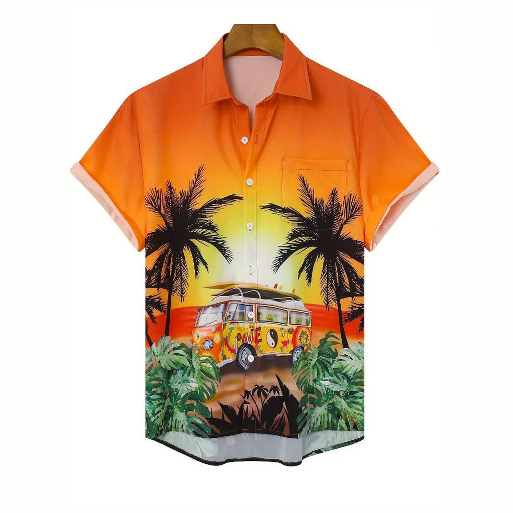 Men's floral print short sleeve shirt with loose cardigan style in polyester elastic fabric