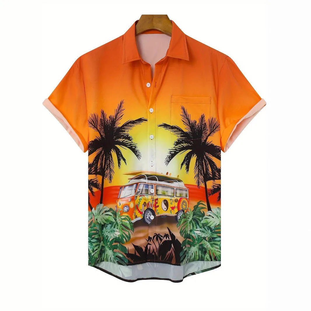 Men's floral print short sleeve shirt with loose cardigan style in polyester elastic fabric
