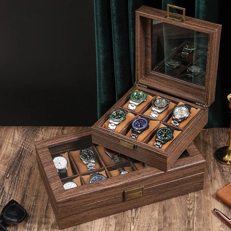 Wood grain leather 2-watch box with soft pillow and glass lid MDF shell