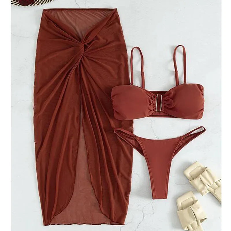 French style multicolour bikini three-piece set with long culottes in polyester swimwear fabric