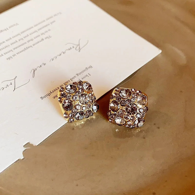 Women's alloy geometric earrings with micro inlaid zircon in chamfered square grain shape, E6449 gold finish