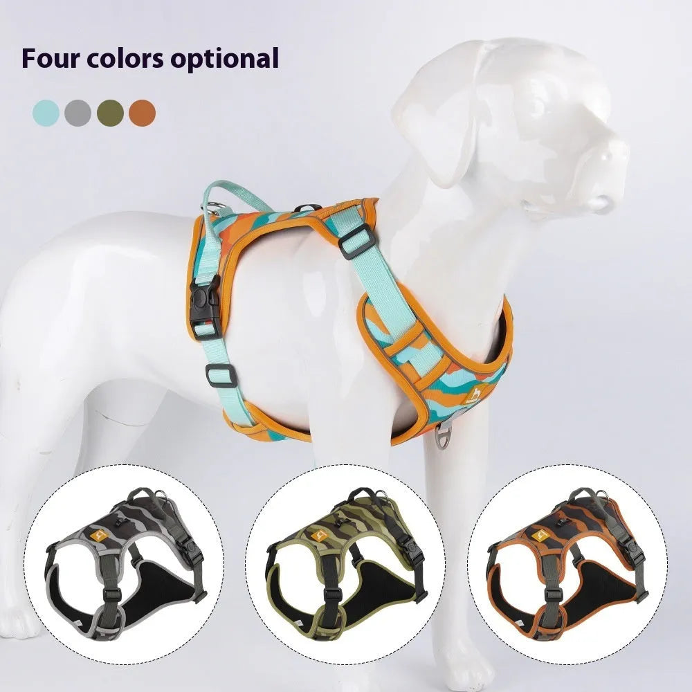Orange reflective dog chest and back harness with an integrated hand-holding walking rope.