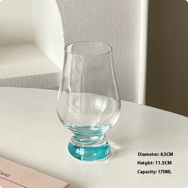Glass medieval French simplicity goblet in one of six colour styles: bamboo, blue bottom, career, friendship, champagne, or tiger beer design.