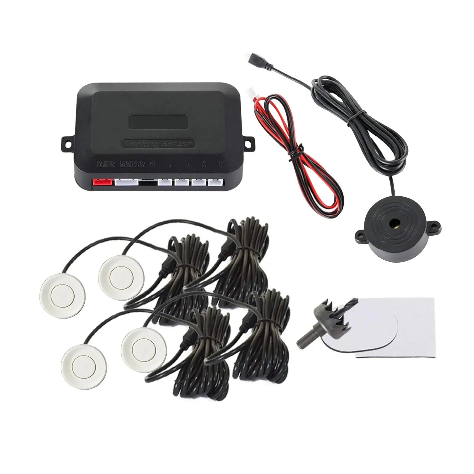 4-probe buzzer-only car reversing radar kit with sensors, control module, and hole saw on a grey background.
