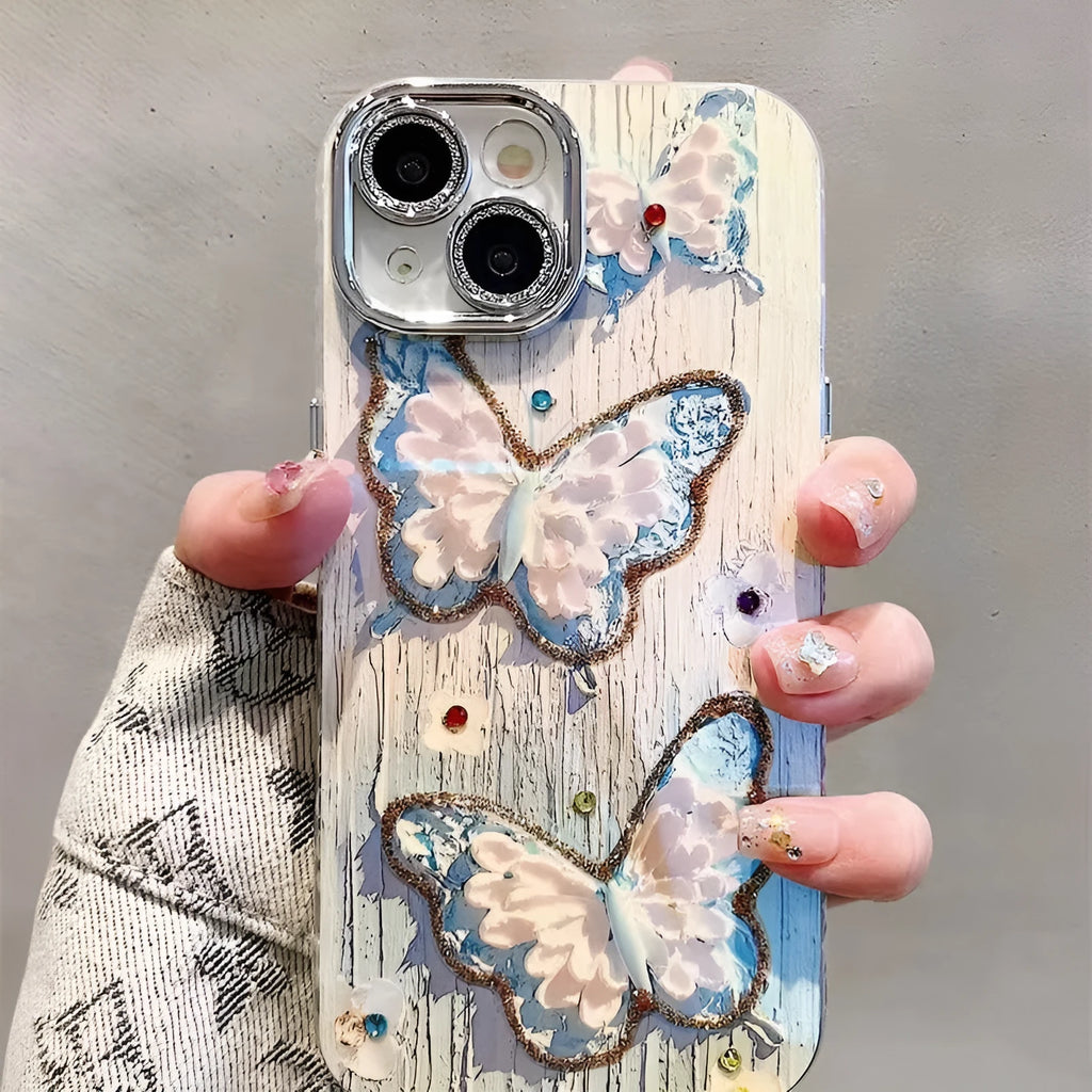 Pink plastic phone case with colour oil painting butterfly print for iPhone 11-15 series