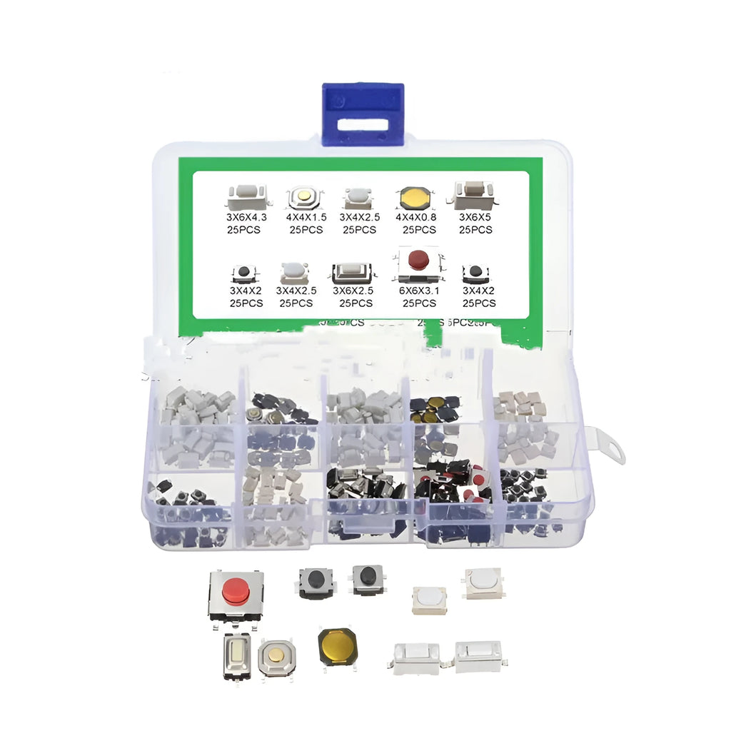 Box containing 250 silver SMT tactile push button switches for surface mount soldering onto circuit boards.