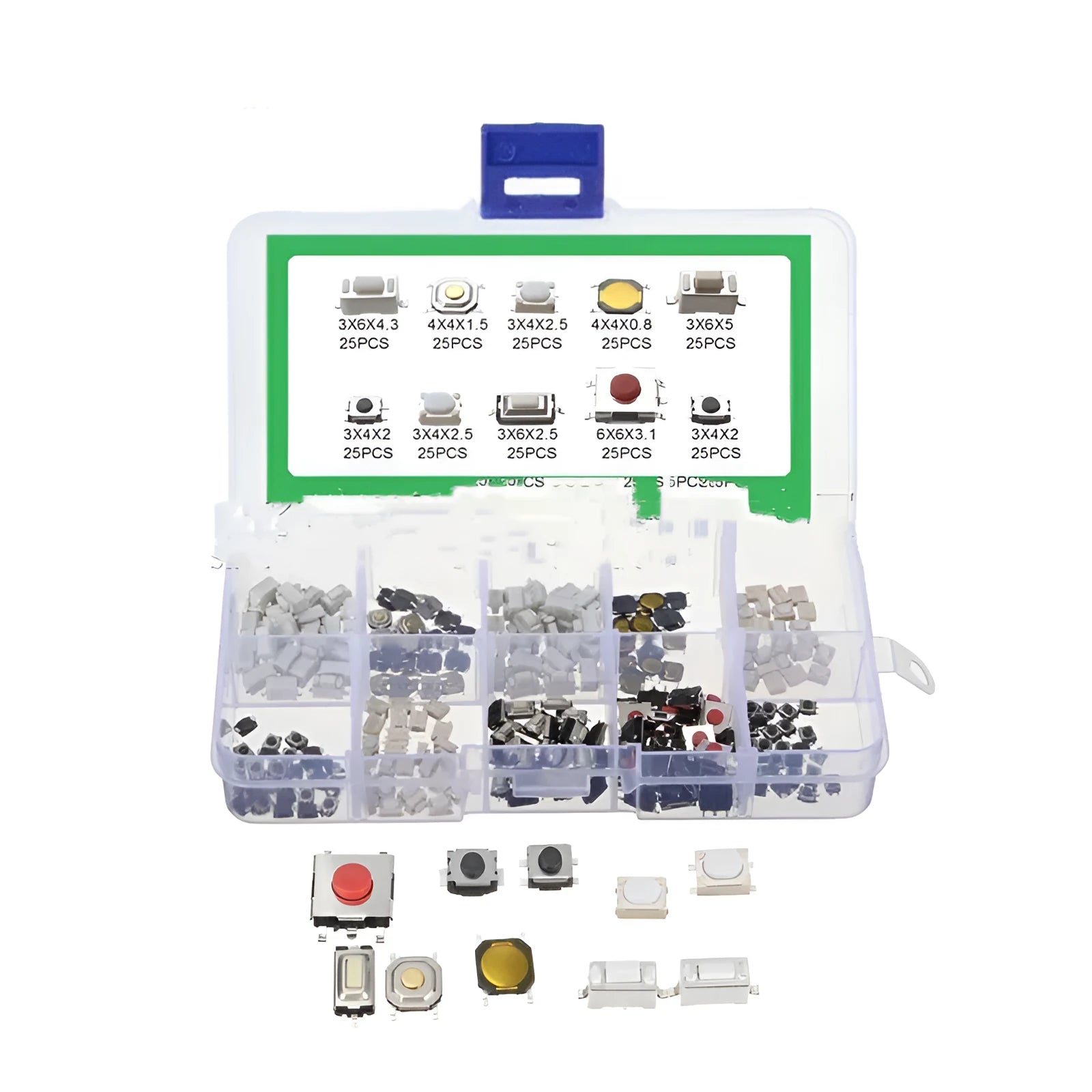 Box containing 250 silver SMT tactile push button switches for surface mount soldering onto circuit boards.